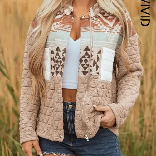 Women's Aztec Print Quilted Patchwork Long Sleeve Jacket, Fashionable Jacket, Casual Elegant Fashion Western Style Stand Collar Coat, Winter Thick Outerwear with Chest Pockets
