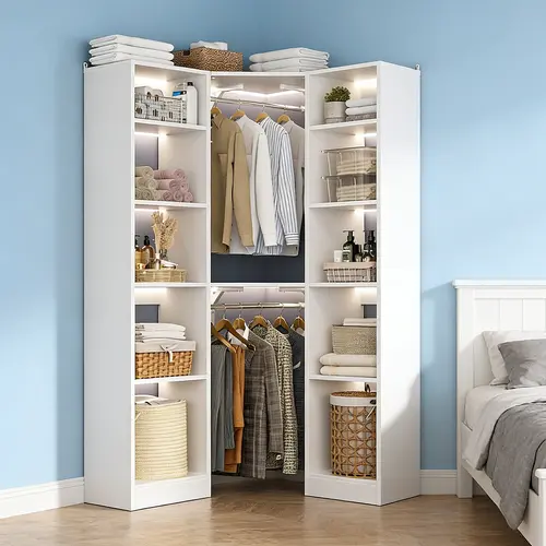 Cyclysio 40"W L-Shaped Corner White Wardrobe Cabinet - Adjustable Wooden Freestanding Organizer with 2 Hanging Rods, 12 Shelves, Clean Look for Home Decor, Closet Organization, Small Room Ideas, Luxury Closet Storage, Modern