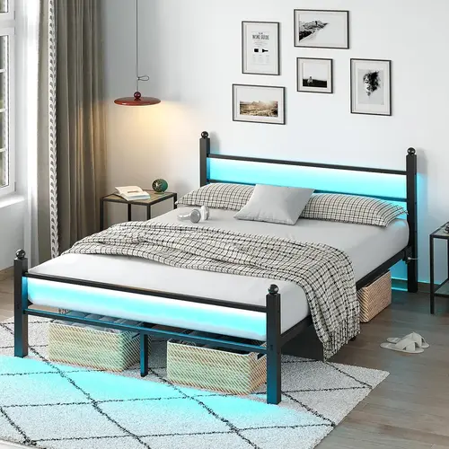 CollaredEagle Twin & Full Size Metal Platform Bed Frame with Headboard & Footboard, LED Lights, USB Port, Under-Bed Storage, Sturdy Steel Slat Support, No Box Spring Needed, Modern Black Storage Bed