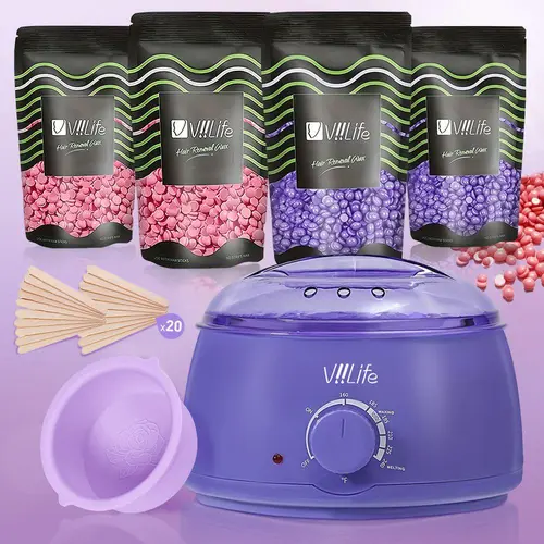Pain-Free Home Heating Waxing Kit Set, Includes Heater, 4 Packs Beads, 20 Sticks, Bowl, Gentle Full-Body Hair Removal, Body Care Beauty Tool
