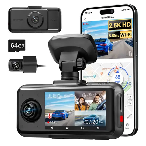 REDTIGER A6 3 Channel Dash Cam, Touch Screen, 2.5K+1080P+1080P, 64GB Card( No SD Card Option In A Better Deal ), Triple Dash Camera with WiFi & GPS, Loop Recording, Night Vision, 24H ParkingMode, Car rvibes, Car VLOG, Summervibes