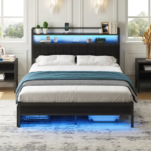 CollaredEagle Queen Size Bed Frame with Fabric Upholstered Headboard, LED Lights, USB Port, Metal PU Leather Accents, Shelf Storage, Charging Station, Stable Slat Base, Easy Assembly, Modern Indoor Bedroom Furniture, No Box Spring Needed, Home Decor