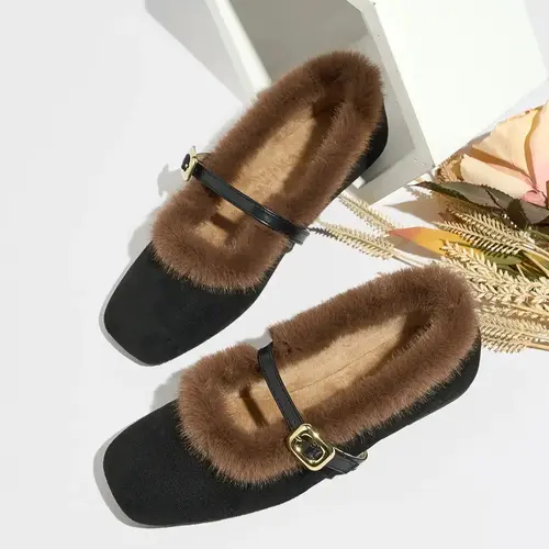 Women's Vintage Soft Sole Mary Jane Flat Shoes, Soft Soled Shoes, Warm Fleece Lined Slip-On Loafers, Elegant All-Season Fluffy Furry Shoes Home Slippers