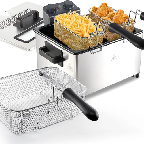 5L Electric Deep Fryer with 3 Baskets, 1700W Large Stainless Steel Deep Fryer for Home Kitchen, Adjustable Temp & Timer, Cook 1 or 2 Foods at Once, View Window, Odor-Free Filter, Dishwasher Safe