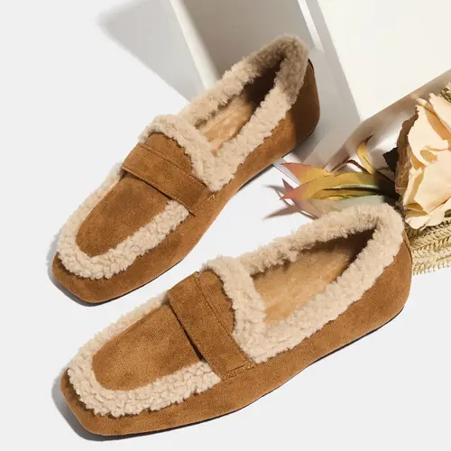 Women's Fall Winter PU Leather Casual Loafers, Slip On Flats, American Retro Style Furry Slip-On Shoes, Soft Rubber Sole, Warm & Comfortable Design, Warm Casual Footwear