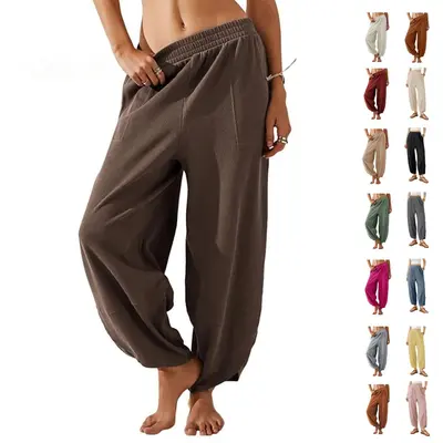 Ommig Women's Baggy Wide-Leg Trousers - Casual Elastic-Waisted Palazzo Harem Bottoms with Pockets, Basic Lady's Women's Clothes