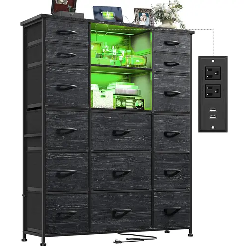 【Small Space Storage】Raybee 15 Drawers Tall Dresser with LED Lights & 4 Charging station for Bedroom, 51''H Modern Storage Organizer for Living room, Closet, Entryway, Easy assembly, Easily Take Apart & Put Back,#Apartment & Dorm Storage Solution