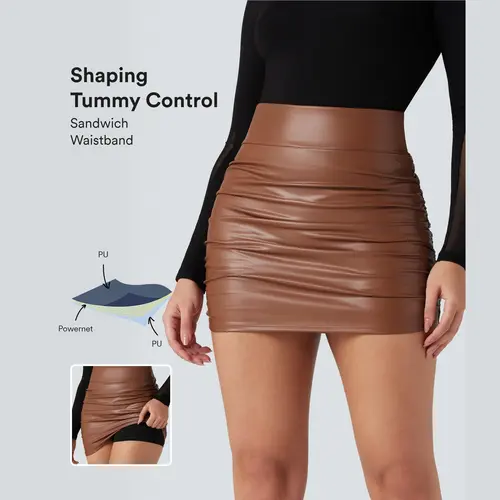 【Creator‘s Pick】High Waisted Tummy Control Ruched Curved Hem 2-in-1 Fleece PU Mini Bodycon Skirt#TikTokShopSpringGlowUp
