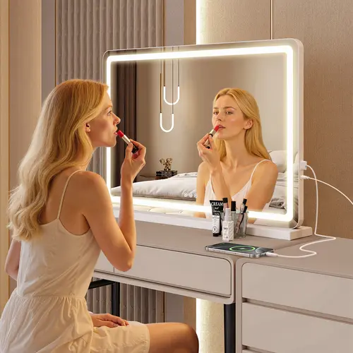 Vanity Mirror with Lights, LED Makeup Mirror with Dimmable 3 Color Modes, Touch Screen Control Vanity Based Mirror Desk Mirror Square, Lighted Mirror, Mirror And Light
