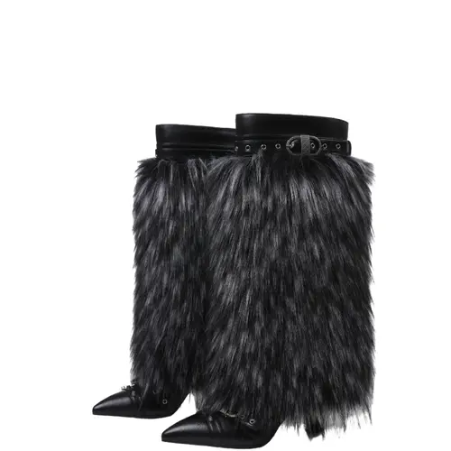Women's Pointed Toe Stiletto Heel Faux Fur Knee-High Footwear Boots with Buckle Strap, Evening Fashion Shoes for Night Out, Warm Winter Footwear