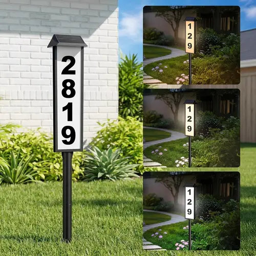 MATULSA Solar Address Sign - 1 Pcs Lighted House Number, Waterproof Outdoor 3 Color LED Modes Illuminated Plaque with Stake & Go Setup, Wall Mounted Solar Powered for Houses