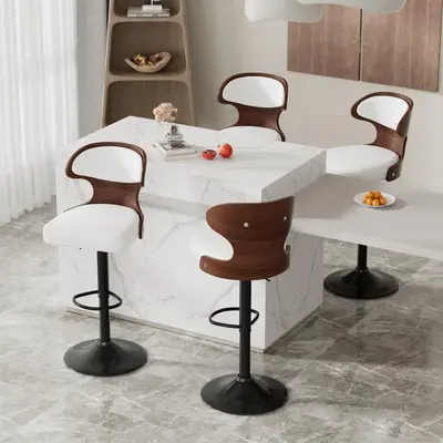 White Adjustable Swivel Bar Stools Set of 2 - Modern Vintage Style, PU Leather Upholstery with Back & Footrest, 24.5-33.5 Inch Height for Dining Room, Café
