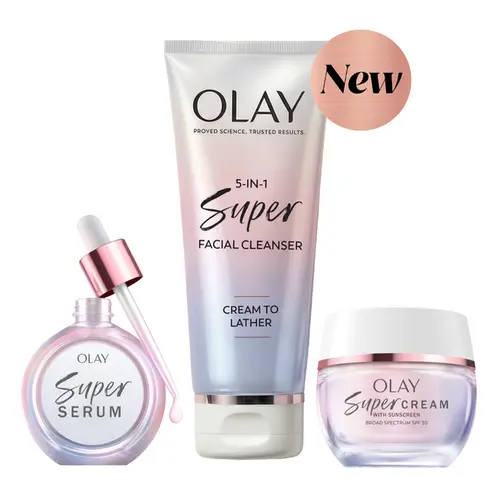 OLAY Super Glow 3-Step Female Skincare System - Facial Cleanser, Hydrating Serum, Lightweight Face Moisturizer, Sunscreen for Refreshed Look