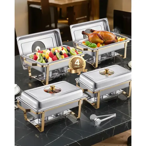 【SummerFinds】VEVOR 8 Qt 4 Pack Rectangle Chafing Dish Buffet Set Full Size Pan Stainless Steel Gold