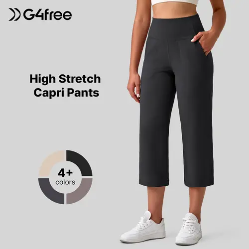 G4Free Women's BareFeel High Stretch Capri Pants - High Waisted, Elasticized, Curvy, Wide Leg, Soft, Pocketed Ankle Capri Pants (21"/23"/25"), Capri Pants Women,#sohochic