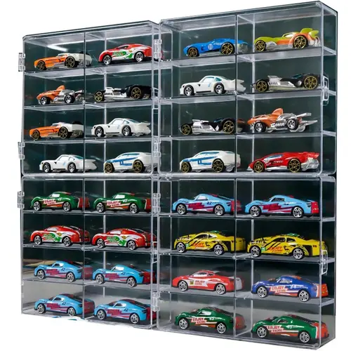 1/64 Scale Wheels Toy Car Display Case Set Holds 32 Cars Storage Organizer Dustproof Clear Box 6.5 X 7.5 X 1.6 inches 4pcs Stackable Racks with Compartment Crystal Clear Visibility Side Opening Door Design, Car Display Rack, Organizer Storage