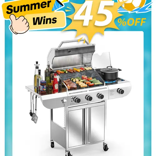 3-Burner Propane Gas Grill with Side Burner, 34,000 BTU Stainless Steel Outdoor BBQ Grill, Parrilla/Asador, Portable with Wheels for Patio, Camping,Cast Iron Grates, 489 Sq.In.,Gas grill for Backyard Patio, Camping, July 4th BBQ