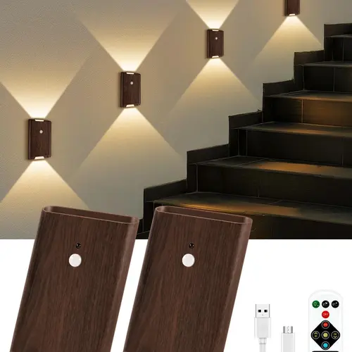 [Back To School] Motion Sensor Decorative Wall Light - Classic Walnut Grain Finish, 5000mAh Batteries, Adjustable LEDs, 3-Color Dimmable Up/Down Lighting, Remote Control, Nightlight for Bedroom, Home Decor for Hallway Stairs Porch