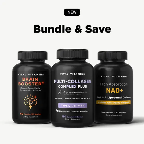 Vital Vitamins Age Defying Bundle - Multi-Collagen Plus with Biotin, Hyaluronic Acid, Vitamin C, Type I, II, III, V, X Collagen for Hair- Brain Booster Plus for Memory, Focus, Concentration, Neuro Energy, Clarity - NAD+ for Cellular Anti-Aging Support
