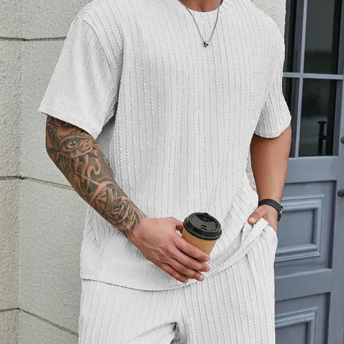 KZZ Men's 2-Piece Shorts Matching Set, Menswear Casual Solid Textured Coordinated Clothes, Relaxed Fit Drop Shoulder Tee & Drawstring Shorts, Men's 2 Piece Sets