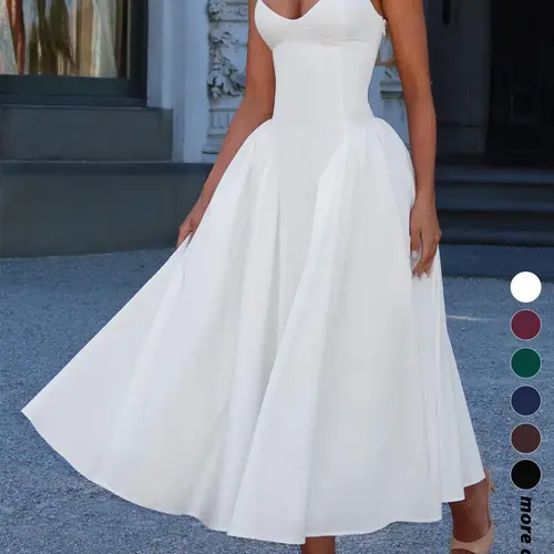 Pure Color Elegant Chic Spaghetti Strap Sleeveless Long Lady Summer Dress, Waist Cinched Design, Fitted Style, Plain Pattern, Perfect for Various Occasions, Formal, Womenswear