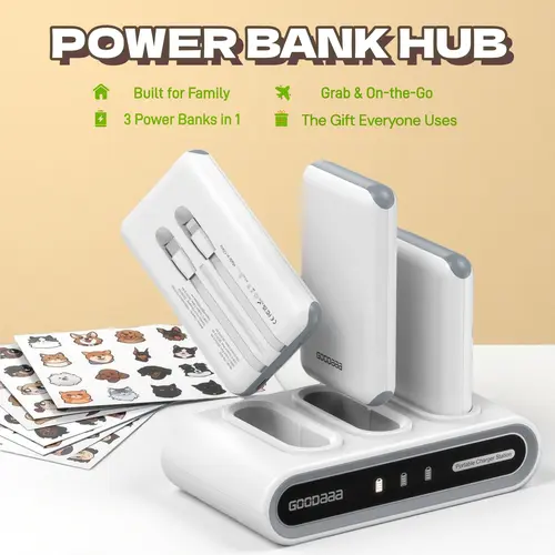 GOODaaa 3-Pack 10000mAh Portable Charger with Charging Dock Station, Built-in Cables, Family Power Hub for Home, Office, Travel, Parties, Dorms & Perfect Gift summerwins