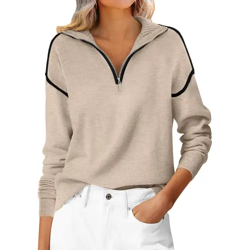 ANRABESS Womens Quarter Zip Sweaters 2026 Fall Long Sleeve V Neck Collared Business Casual Tops Knit Pullover Sweater Shirts Fit Basic