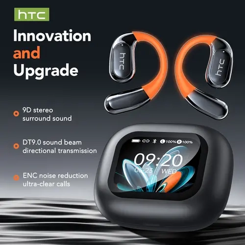 HTC NE27 Open-Ear True Wireless Bluetooth Earbuds - Wireless Chargeable Headphones, Plastic Build, 48hrs Playtime, Built-in Mic, Waterproof, Earhooks, LED Display, iPhone & Android Compatible, Black