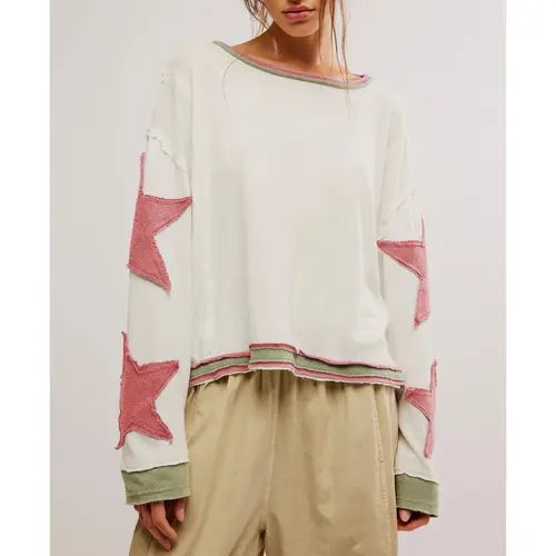 Women's Summer Loose T-Shirt Star Patch Long Sleeve Crew Neck Casual Tops Streetwear Hoodie Hoodie Hoodie