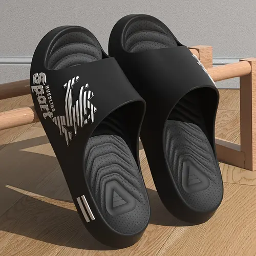 Men's Chic Slide Slippers with Letter Print, Non-Slip Athletic Home Shoes with Hollow Breathable Design, Gifts for Him, Indoor Slipper, Street, Casual Chic, Non-Slip Grip, Men's Shoes, Herringbone Print, All Seasons, Flat Sole, Pvc Upper, Breathable Holes