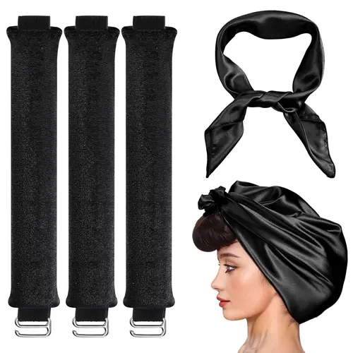 4-in-1 Heatless Hair Curler Kit - Velvet No-Heat Curlers with Silk Scarf for Medium/Long Curly Locks, Easy Bouncy Natural Curls Beauty Tool (Personal Care Hair Styling Accessory), Heatless Curl