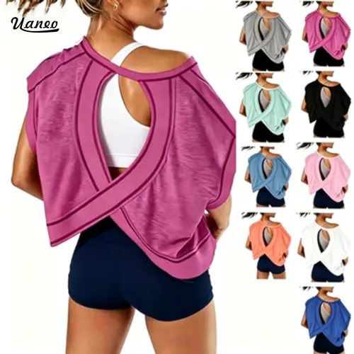 UANEO Women's Open Back Y2K Oversized Short Sleeve Slouchy Crop Running Teees, Breathable Sportswear Top,Women's Clothes for Yoga, Gym,Beachoutfits，