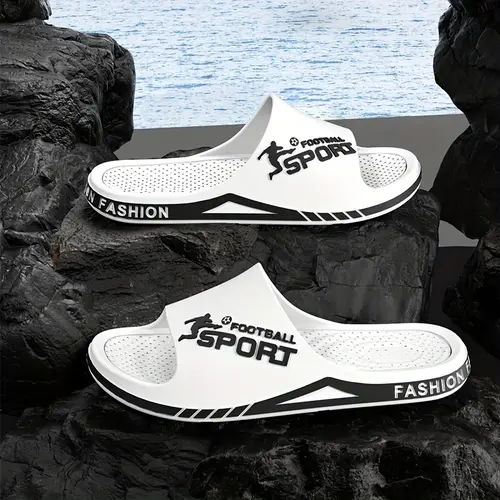 Men's EVA Slides with Colorblock Letter Print, Casual Football Style Slippers with Soft Non-Slip Sole for Indoor & Outdoor Wear