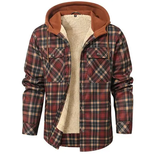Zaitun Men's Fitted Casual Plaid Polyester Shacket - Hooded Utility Clothes with Long Sleeves, Functional Pockets, Soft Fabric, Hood Adds Outdoor Coverage, Outdoor Ready Workwear Top, Plaid Pattern