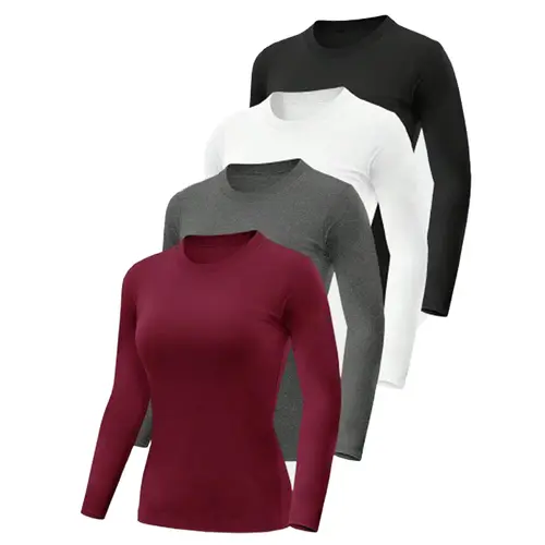 Women's 4-Pack Long Sleeve Slim Fit Compression Crew Neck Tops, Casual Sporty Fitted Athletic Running Workout Shirts, Basic Shirt with Enhanced Muscle Support for Gym & Yoga Activewear