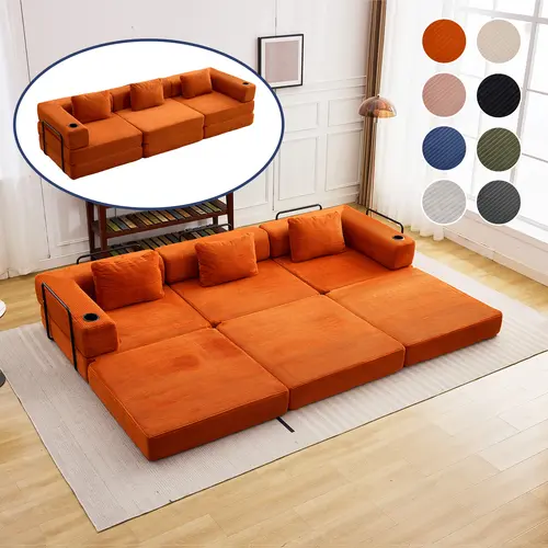 Modular Sofa bed with 3 seaters, Convertible Boneless Sleeper couches with Pillow, Corduroy folding mattress couch with Fixed-shape frame. Floor sofa lounge couch for living room bedroom lounge studio—2 package shipping