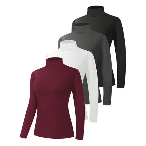 Women's 4 Pack Basic Turtleneck Shirts - Solid Long Sleeve Pullovers with Asymmetrical Angle Cut Neck, Casual Wear Baselayer Clothes for Everyday Layering, Minimalist Style Tops