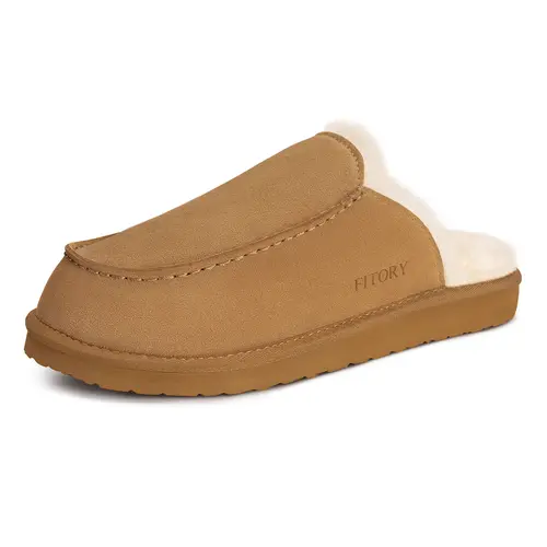 FITORY Men's Regular-Size Faux Leather Footwear, Plush Faux Fur Slip-On Solid Winter Slippers, Cozy Indoor-Outdoor Shoes (Sizes 7-14)
