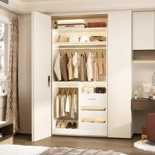 Freestanding 36'' W Closet System with 3 Wooden Drawers and 2 Hanging Rods,Sturdy Walk-in Closet Organizer System Wardrobe Rack with Storage Shelves,dorm essentials,home decor
