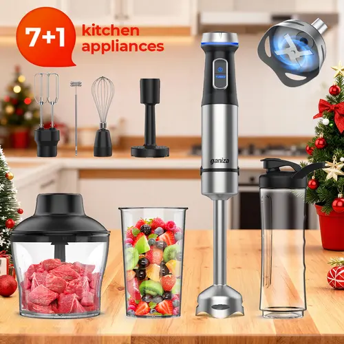 Ganiza 8-in-1 Kitchen Immersion Hand Blender - 800W Motor Blends Fast, 15 Speed Modes, Stainless Steel Stick Head, 600ml Blending Cup, Chopping Bowl, Whisk, Milk Frother, Masher, Recipe Guide - Whip, Mash, Mix, Egg Whip - Ideal Gift for Home Cooks, Egg Be
