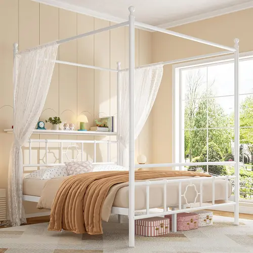 Raybee Vintage Canopy Bed Frame with Storage Headboard, Dual Purpose Queen Size Bed Frame with 4 Removable Posts, Metal Platform Bed Frame with Storage, Dual Purpose, No Box Spring Needed, NO Noise, Capacity 880lbs, Full, Twin, White, Black