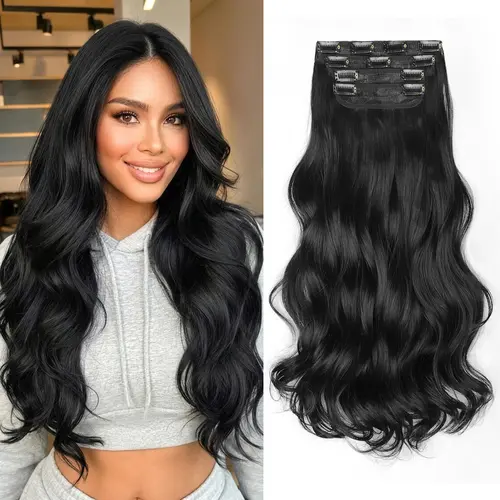 [KooKaStyle] Clip-In Hair Extensions for Women, 4PCS Soft Wavy Synthetic Hairpieces for Instant Volume & Length, Natural-Looking Seamless Blend, 20 Inch Black