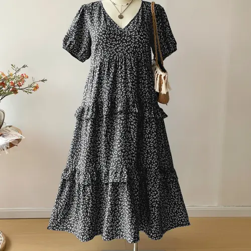 Plus Size Blue Bohemian Floral Ruffle Hem Long Dress, Loose-Fit Woven Fabric, All Seasons Women's Fashion, Vacation Style, Summer