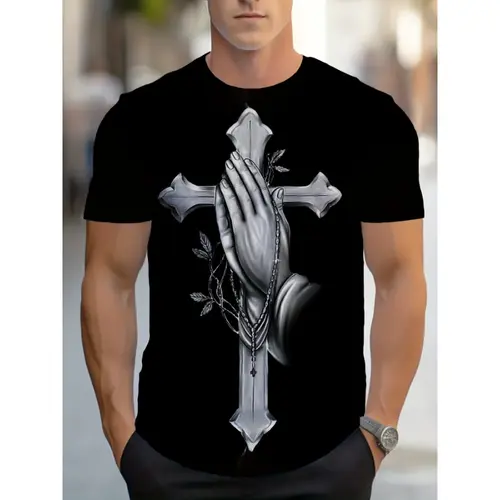 Men's Sports Crew Neck T-Shirt with Cross and Prayer Hand Pattern 100% Cotton Miniature Stretch Fabric Short Sleeves Black - Suitable for Sports and Fitness, Gym Shirt