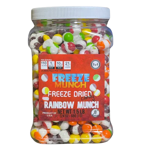 1.5 LB (24 oz) Freeze Dried Rainbow Munch Original "S" Candy Crunchy Snack, Artificial Strawberry Flavored Sweet Treat with Sugar