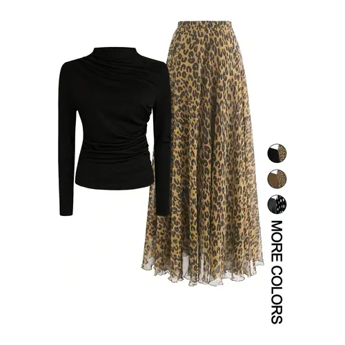 Women's Casual Fashion Set Two-Piece Set Outfit, Solid Color Round Neck Long Sleeve T-Shirt & Leopard Print Skirt, All Season Fitted Style, Womenswear Top Clothes, Lady, Chic Skirt Sets, Matching Clothing Set, Two Pieces Sets