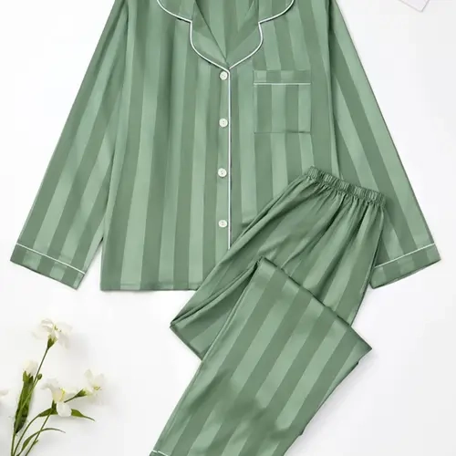 Christmas Women's Striped Satin Pajama Set, Matching Pj Set, Striped Lounge Sets, Soft Long Sleeve Button Front Shirt & Elastic Waist Pants, Comfortable Casual Sleepwear, Loungewear, Homewear, Valentine Gift