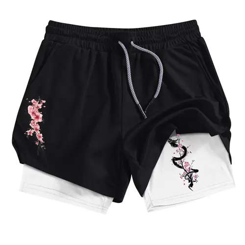 Men's Dragon & Cherry Blossom Print 2-in-1 Gym Shorts with Phone Pocket, Regular Fit Breathable Quick Drying Performance Shorts for Gym Workout Running, Casual Sporty Shorts for Summer, Activewear Shorts