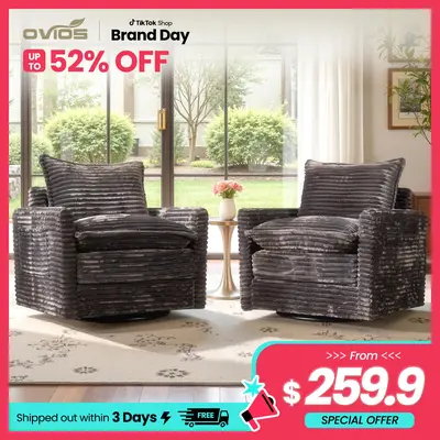 Ovios 33" W Cloud Plush Corduroy Rocking Chair with Ottoman, Swivel Nursing Glider Chair with Side Pockets, Extra-Wide Seat with Thick Cushion, 400 lb Capacity, Easy Assembly, 2 Pcs