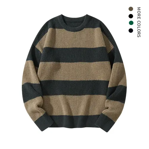 Fall Men's Basic Striped Crew Neck Knitwear - Menswear, Casual Polyester Warm Long-Sleeved Top, Comfortable Loose Fit for Daily Outdoor, Christmas Holiday Wear (Autumn Winter)